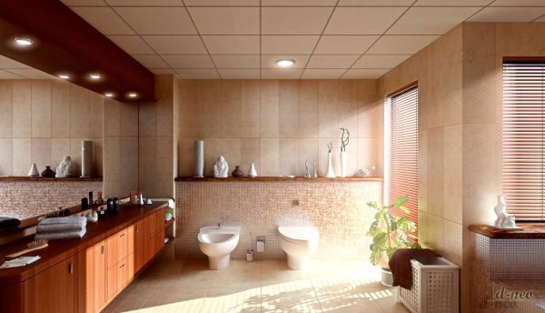 Mosaic tiled bathroom large vanity unit