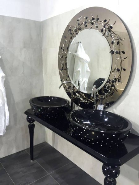 Crystals tufted on sinks and mirror with flowers